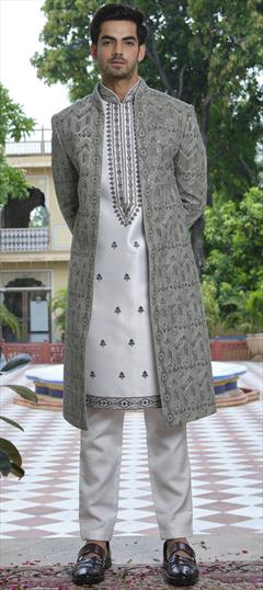 Green, Silver color IndoWestern Dress in Art Silk fabric with Embroidered, Sequence, Thread work : 1831252