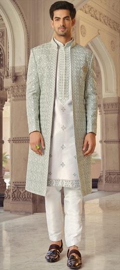 Green, White and Off White color IndoWestern Dress in Art Silk fabric with Sequence, Stone, Thread work : 1831259