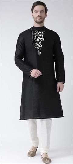 Black and Grey color Kurta Pyjamas in Art Silk fabric with Embroidered work : 1831287