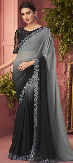 Designer, Party Wear, Reception Black and Grey color Saree in Chiffon fabric with Classic Sequence, Zari work : 1831553