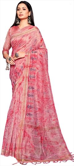 Casual, Traditional Pink and Majenta color Saree in Linen fabric with Bengali Embroidered, Printed work : 1831554