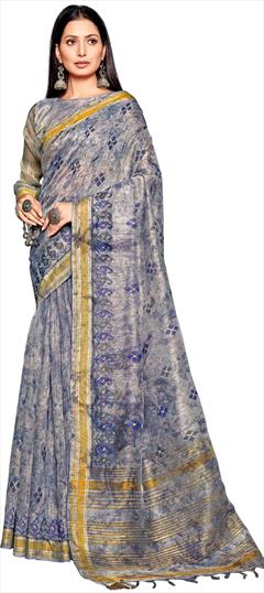 Casual, Traditional Blue color Saree in Linen fabric with Bengali Embroidered, Printed work : 1831558