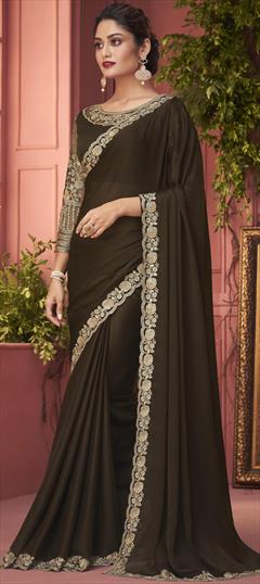 Designer, Party Wear, Reception Beige and Brown color Saree in Chiffon fabric with Classic Sequence, Thread, Zari work : 1831559