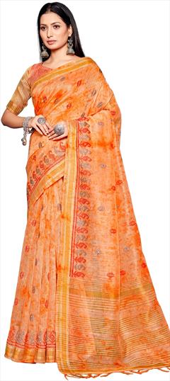 Casual, Traditional Orange color Saree in Linen fabric with Bengali Embroidered, Printed work : 1831561