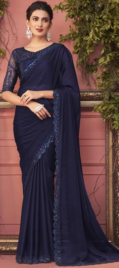 Designer, Party Wear, Reception Blue color Saree in Georgette fabric with Classic Embroidered, Sequence work : 1831565