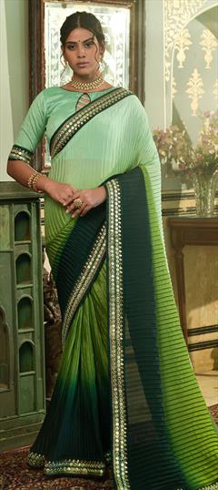 Party Wear, Reception Green color Saree in Chiffon fabric with Classic Embroidered, Mirror work : 1831620