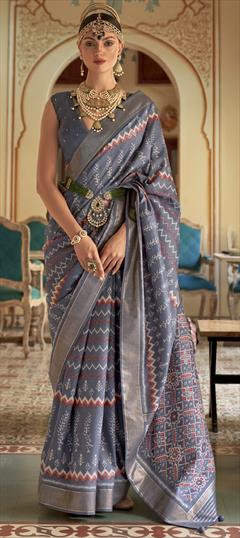 Bridal, Reception, Wedding Black and Grey color Saree in Silk fabric with Classic Printed, Weaving work : 1831645