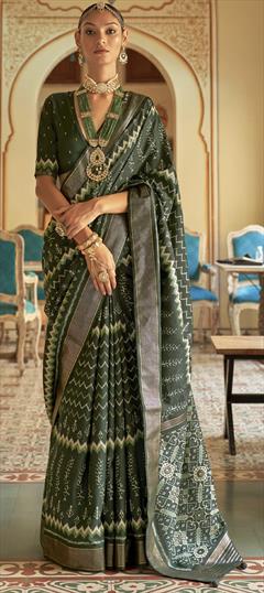 Bridal, Reception, Wedding Green color Saree in Silk fabric with Classic Printed, Weaving work : 1831666