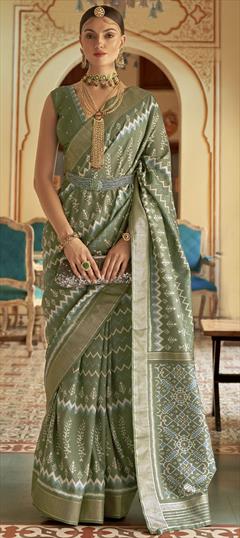 Bridal, Reception, Wedding Green color Saree in Silk fabric with Classic Printed, Weaving work : 1831676