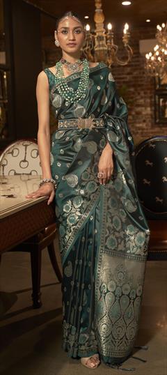 Designer, Reception, Wedding Green color Saree in Satin Silk fabric with Classic Weaving, Zari work : 1831687