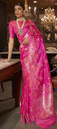 Designer, Reception, Wedding Pink and Majenta color Saree in Satin Silk fabric with Classic Weaving, Zari work : 1831689