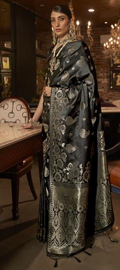 Designer, Reception, Wedding Black and Grey color Saree in Satin Silk fabric with Classic Weaving, Zari work : 1831690