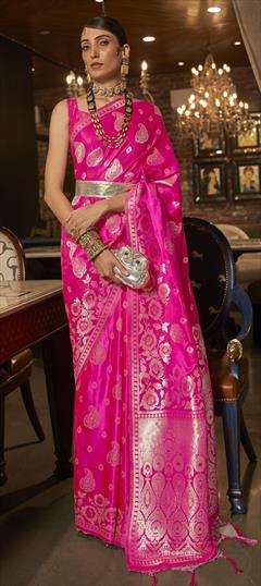 Designer, Reception, Wedding Pink and Majenta color Saree in Satin Silk fabric with Classic Weaving, Zari work : 1831691