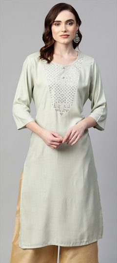 Casual, Festive, Party Wear Green color Kurti in Rayon fabric with Straight Embroidered, Sequence, Zari work : 1831718