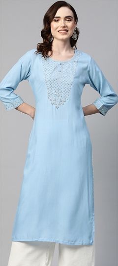 Casual, Festive, Party Wear Blue color Kurti in Rayon fabric with Straight Embroidered, Sequence, Zari work : 1831727
