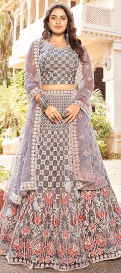 Engagement, Reception Black and Grey, Pink and Majenta color Lehenga in Net fabric with Classic Embroidered, Thread, Zircon work : 1831833