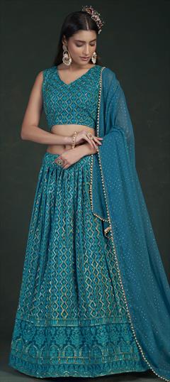 Designer, Engagement, Festive, Party Wear, Reception Blue color Lehenga in Georgette fabric with Classic Embroidered, Moti, Sequence, Thread work : 1831852