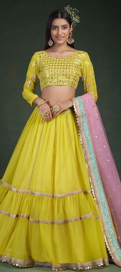 Designer, Engagement, Festive, Party Wear, Reception Yellow color Lehenga in Georgette fabric with Classic Gota Patti, Thread work : 1831857