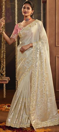 Mehendi Sangeet, Party Wear, Reception, Wedding White and Off White color Saree in Viscose fabric with Classic Embroidered, Resham, Sequence, Zari work : 1831900