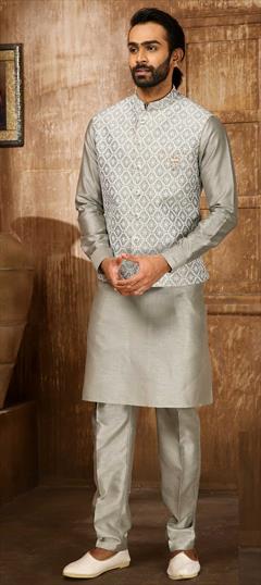 Black and Grey color Kurta Pyjama with Jacket in Banarasi Silk fabric with Embroidered work : 1831933