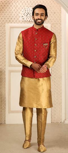 Red and Maroon color Kurta Pyjama with Jacket in Banarasi Silk fabric with Embroidered work : 1831942