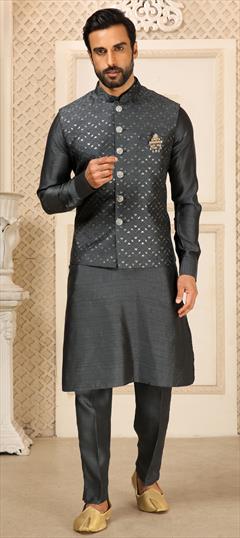 Black and Grey color Kurta Pyjama with Jacket in Banarasi Silk fabric with Embroidered work : 1832014