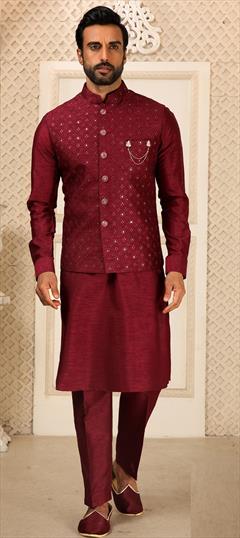 Red and Maroon color Kurta Pyjama with Jacket in Banarasi Silk fabric with Embroidered work : 1832021