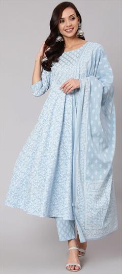 Casual Blue color Salwar Kameez in Cotton fabric with Anarkali Gota Patti, Printed work : 1832138