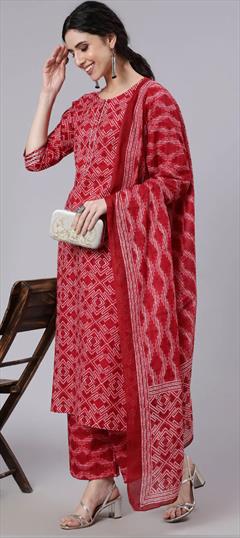 Party Wear Red and Maroon color Salwar Kameez in Cotton fabric with Straight Printed, Tye n Dye work : 1832157