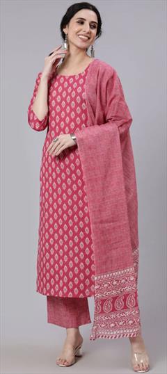 Party Wear Pink and Majenta color Salwar Kameez in Cotton fabric with Straight Printed work : 1832162