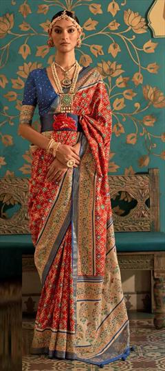 Festive, Traditional Red and Maroon color Saree in Patola Silk, Silk fabric with South Border, Printed work : 1832210