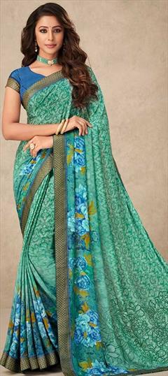 Casual, Traditional Green color Saree in Crepe Silk, Silk fabric with South Floral, Printed work : 1832221
