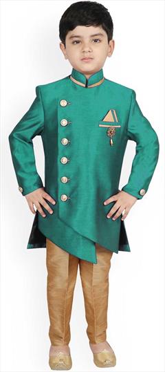 Green color Boys Indo-Western in Dupion Silk fabric with Broches work : 1832228