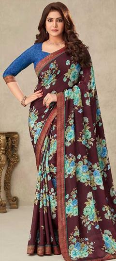 Casual, Traditional Red and Maroon color Saree in Crepe Silk, Silk fabric with South Border, Floral, Printed work : 1832241