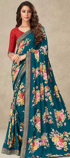 Casual, Traditional Blue color Saree in Crepe Silk, Silk fabric with South Border, Floral, Printed work : 1832246