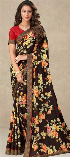 Casual, Traditional Beige and Brown color Saree in Crepe Silk, Silk fabric with South Border, Floral, Printed work : 1832249