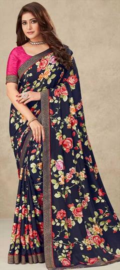 Casual, Traditional Black and Grey color Saree in Crepe Silk, Silk fabric with South Border, Floral, Printed work : 1832253
