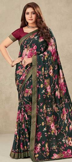 Casual, Traditional Green color Saree in Crepe Silk, Silk fabric with South Border, Floral, Printed work : 1832258