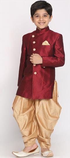 Red and Maroon color Boys Indo-Western in Dupion Silk fabric with Thread work : 1832271