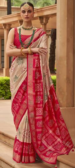 Bridal Beige and Brown, Red and Maroon color Saree in Patola Silk fabric with Classic Bandhej, Weaving, Zari work : 1832507