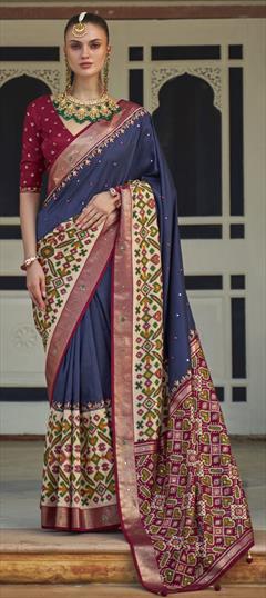 Casual Blue, Red and Maroon color Saree in Patola Silk fabric with Classic Mirror, Printed work : 1832513