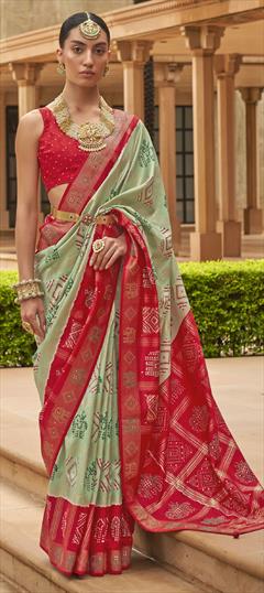 Bridal Green, Red and Maroon color Saree in Patola Silk fabric with Classic Bandhej, Weaving, Zari work : 1832521