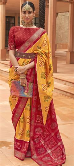 Bridal Red and Maroon, Yellow color Saree in Patola Silk fabric with Classic Bandhej, Weaving, Zari work : 1832529