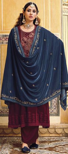 Festive, Party Wear, Reception Red and Maroon color Salwar Kameez in Velvet fabric with Pakistani, Straight Resham, Thread, Zari work : 1832707