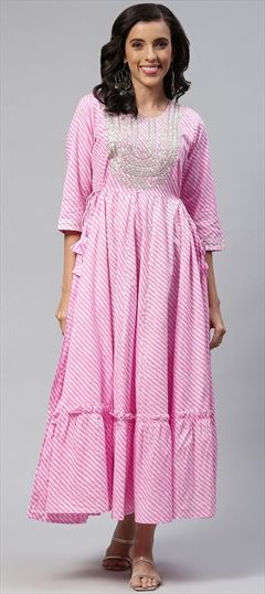 Festive, Party Wear Pink and Majenta color Kurti in Cotton fabric with Anarkali, Long Sleeve Bugle Beads, Cut Dana, Embroidered, Lehariya, Printed, Resham, Zari work : 1832796