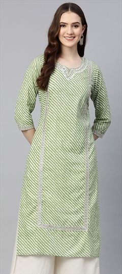 Casual, Festive Green color Kurti in Cotton fabric with Long Sleeve, Straight Embroidered, Lace, Lehariya, Printed, Resham, Thread work : 1832812