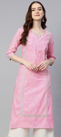 Casual, Festive Pink and Majenta color Kurti in Cotton fabric with Long Sleeve, Straight Embroidered, Lace, Lehariya, Printed, Resham, Thread work : 1832813