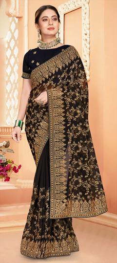 Engagement, Festive, Reception Black and Grey color Saree in Georgette fabric with Classic Embroidered, Stone, Thread, Zari work : 1832864