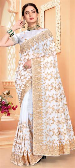 Engagement, Festive, Reception White and Off White color Saree in Georgette fabric with Classic Embroidered, Stone, Thread, Zari work : 1832873