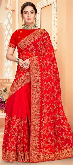 Engagement, Festive, Reception Red and Maroon color Saree in Georgette fabric with Classic Embroidered, Stone, Thread, Zari work : 1832878